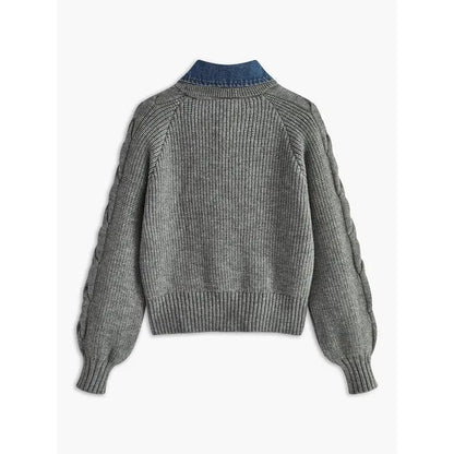 ❤️LAST DAY SALE ❤️Denim Panel Ribbed Lapel Sweater