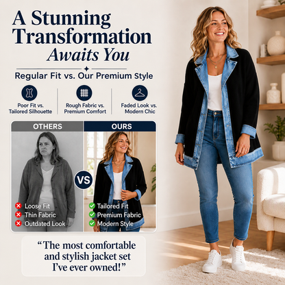 SALE! ⭐ Elegant Women's Denim Coat with Ribbed Knit Panels