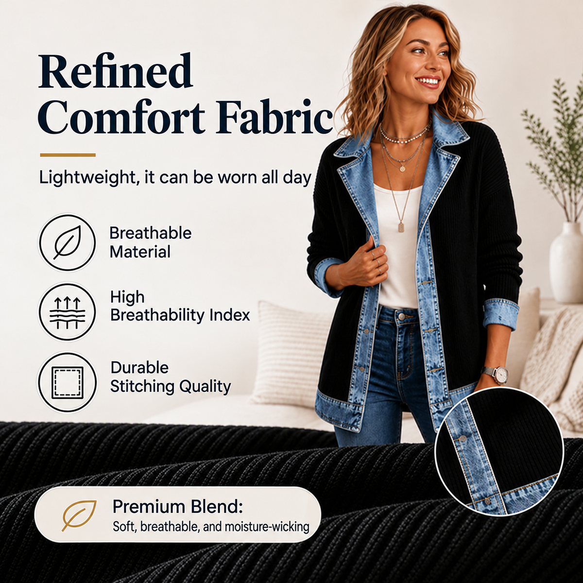 SALE! ⭐ Elegant Women's Denim Coat with Ribbed Knit Panels