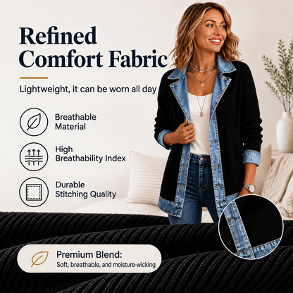 SALE! ⭐ Elegant Women's Denim Coat with Ribbed Knit Panels