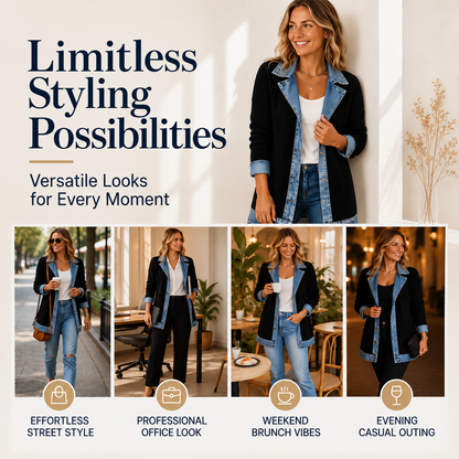 SALE! ⭐ Elegant Women's Denim Coat with Ribbed Knit Panels