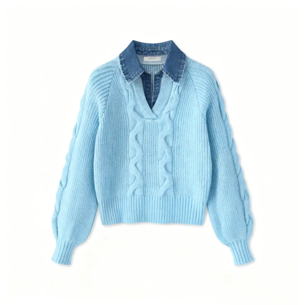 ❤️LAST DAY SALE ❤️Denim Panel Ribbed Lapel Sweater