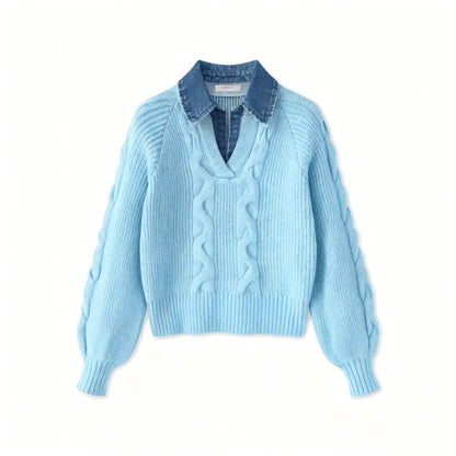 ❤️LAST DAY SALE ❤️Denim Panel Ribbed Lapel Sweater