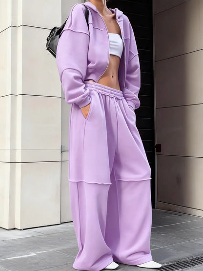 Women's Solid Zip Up Hooded Sweatshirt & Pocket Elastic Waist Pants Two-piece Set