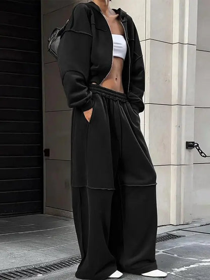 Women's Solid Zip Up Hooded Sweatshirt & Pocket Elastic Waist Pants Two-piece Set