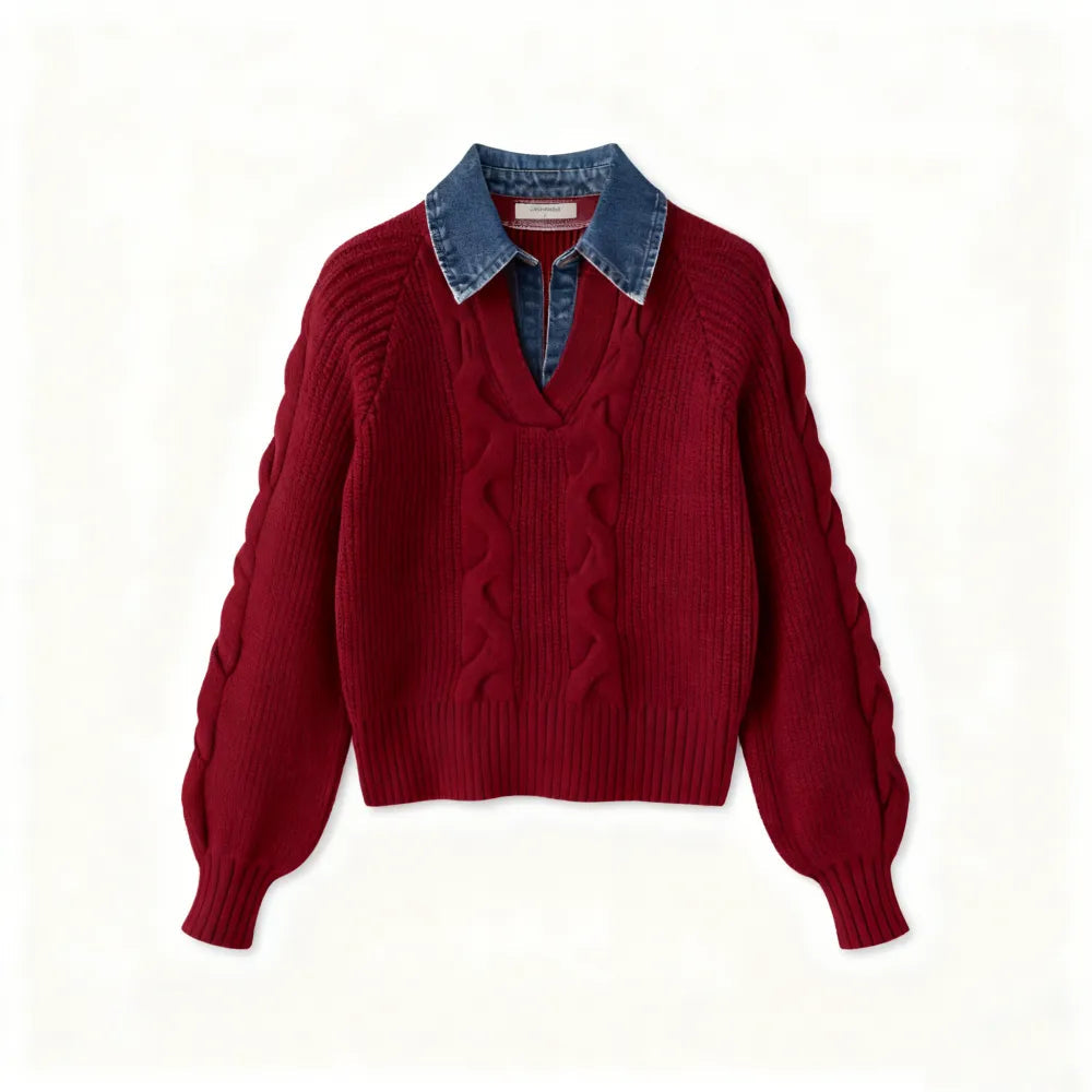 ❤️LAST DAY SALE ❤️Denim Panel Ribbed Lapel Sweater