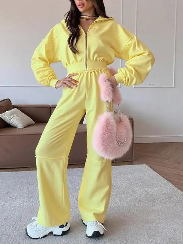 Women's Solid Zip Up Hooded Sweatshirt & Pocket Elastic Waist Pants Two-piece Set