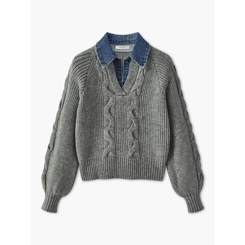 ❤️LAST DAY SALE ❤️Denim Panel Ribbed Lapel Sweater