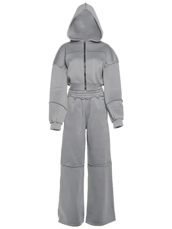 Women's Solid Zip Up Hooded Sweatshirt & Pocket Elastic Waist Pants Two-piece Set