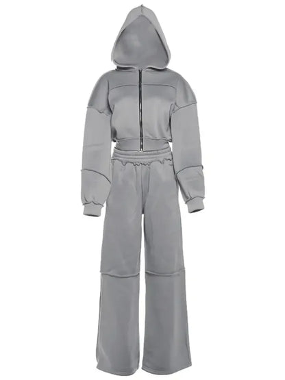 Women's Solid Zip Up Hooded Sweatshirt & Pocket Elastic Waist Pants Two-piece Set