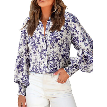 Women's Floral Chiffon Button Down Blouse – V Neck Long Sleeve Casual Boho Shirt