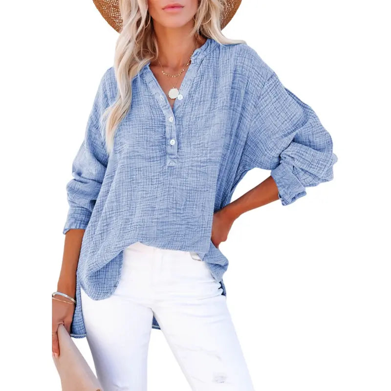 ❤️Womens Casual Button V Neck Long Sleeve Shirts Oversized Solid Blouses Tops