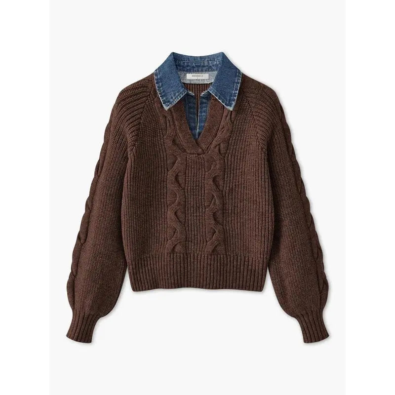 ❤️LAST DAY SALE ❤️Denim Panel Ribbed Lapel Sweater