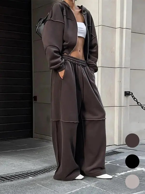 Women's Solid Zip Up Hooded Sweatshirt & Pocket Elastic Waist Pants Two-piece Set