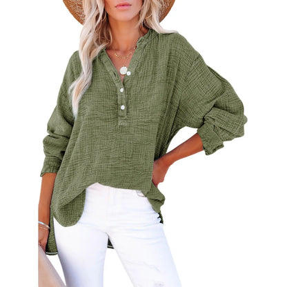 ❤️Womens Casual Button V Neck Long Sleeve Shirts Oversized Solid Blouses Tops