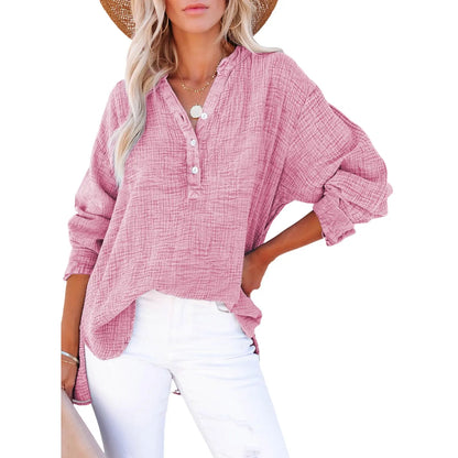 ❤️Womens Casual Button V Neck Long Sleeve Shirts Oversized Solid Blouses Tops
