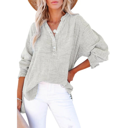 ❤️Womens Casual Button V Neck Long Sleeve Shirts Oversized Solid Blouses Tops