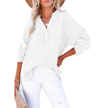 ❤️Womens Casual Button V Neck Long Sleeve Shirts Oversized Solid Blouses Tops
