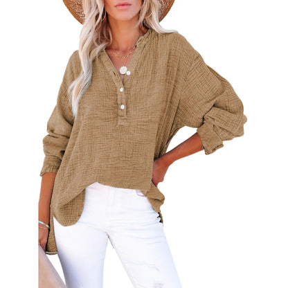 ❤️Womens Casual Button V Neck Long Sleeve Shirts Oversized Solid Blouses Tops