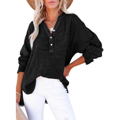 ❤️Womens Casual Button V Neck Long Sleeve Shirts Oversized Solid Blouses Tops