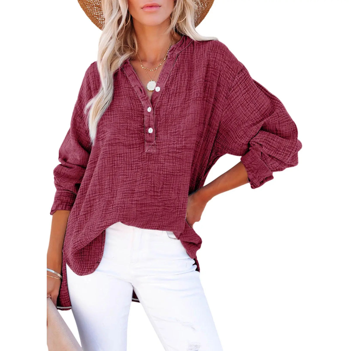 ❤️Womens Casual Button V Neck Long Sleeve Shirts Oversized Solid Blouses Tops