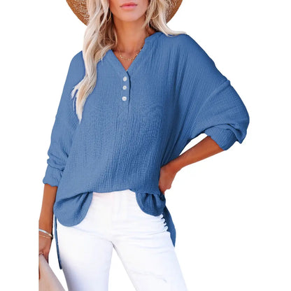 ❤️Womens Casual Button V Neck Long Sleeve Shirts Oversized Solid Blouses Tops