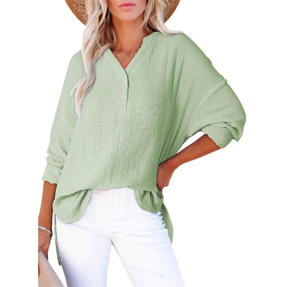 ❤️Womens Casual Button V Neck Long Sleeve Shirts Oversized Solid Blouses Tops