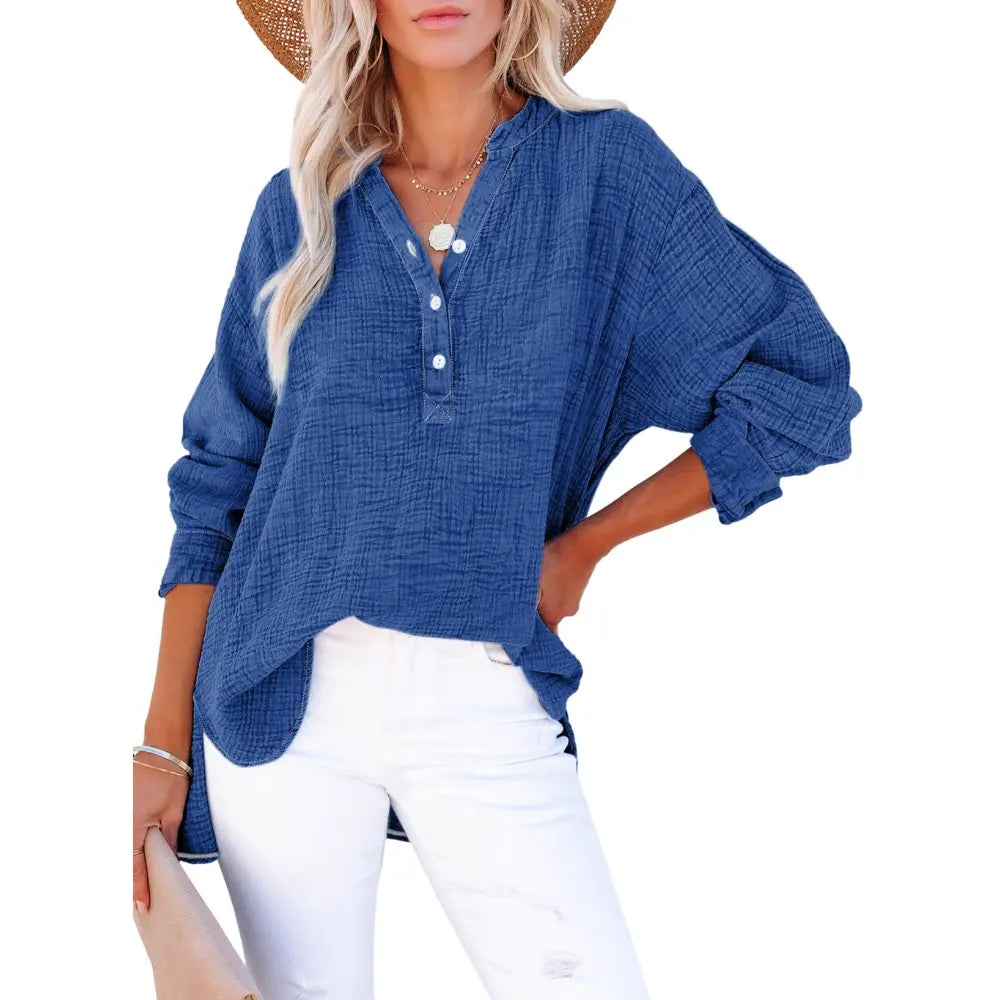 ❤️Womens Casual Button V Neck Long Sleeve Shirts Oversized Solid Blouses Tops