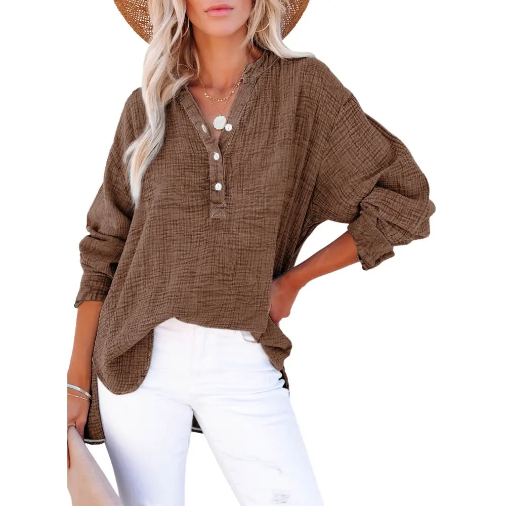 ❤️Womens Casual Button V Neck Long Sleeve Shirts Oversized Solid Blouses Tops
