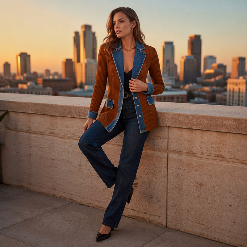 SALE! ⭐ Elegant Women's Denim Coat with Ribbed Knit Panels
