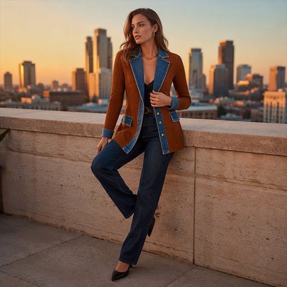 SALE! ⭐ Elegant Women's Denim Coat with Ribbed Knit Panels