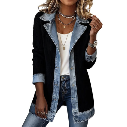 SALE! ⭐ Elegant Women's Denim Coat with Ribbed Knit Panels