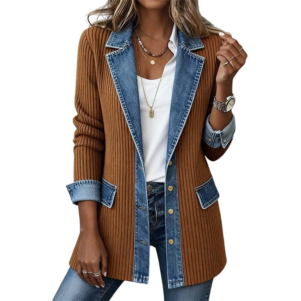 SALE! ⭐ Elegant Women's Denim Coat with Ribbed Knit Panels