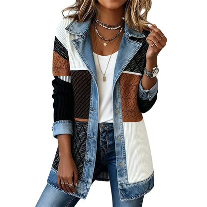 SALE! ⭐ Elegant Women's Denim Coat with Ribbed Knit Panels