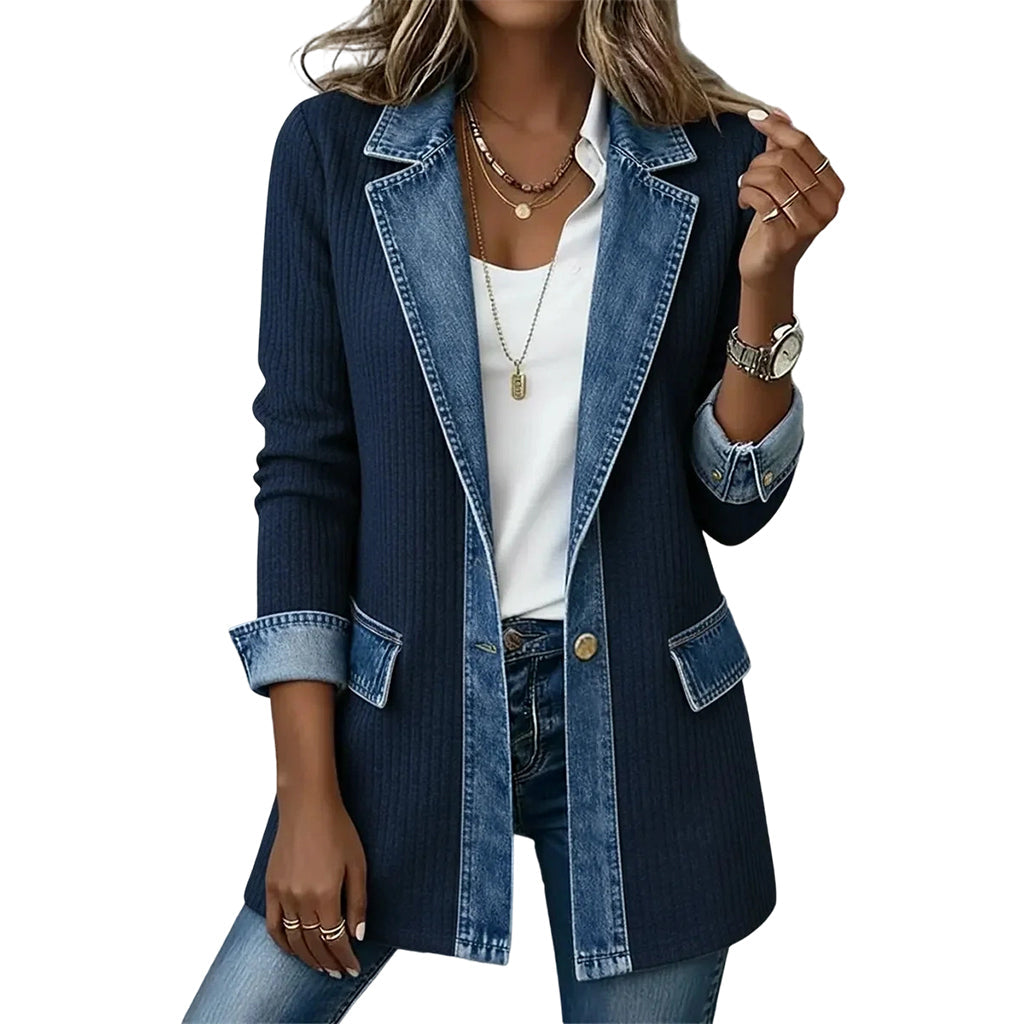 SALE! ⭐ Elegant Women's Denim Coat with Ribbed Knit Panels