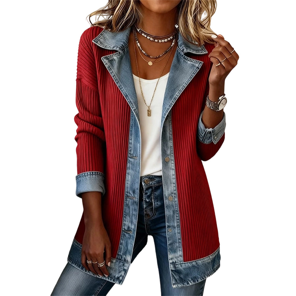 SALE! ⭐ Elegant Women's Denim Coat with Ribbed Knit Panels