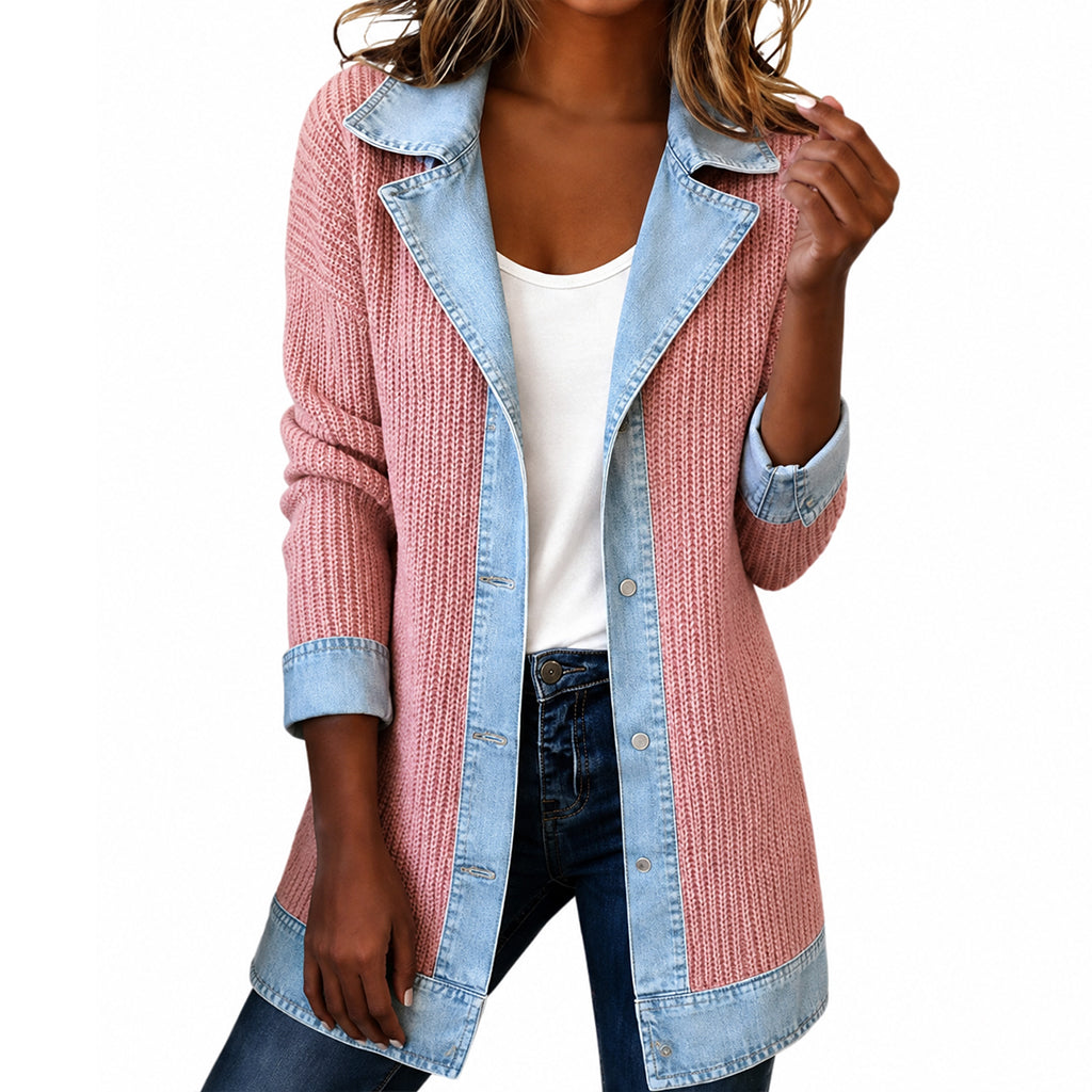 SALE! ⭐ Elegant Women's Denim Coat with Ribbed Knit Panels