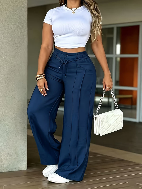 Women's High-Waisted Straight-Leg Pants with Front Seam Detail & Elastic Back Waistband – Comfortable, Versatile Trousers for Work & Everyday Wear