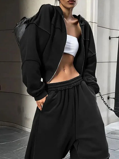 Women's Solid Zip Up Hooded Sweatshirt & Pocket Elastic Waist Pants Two-piece Set