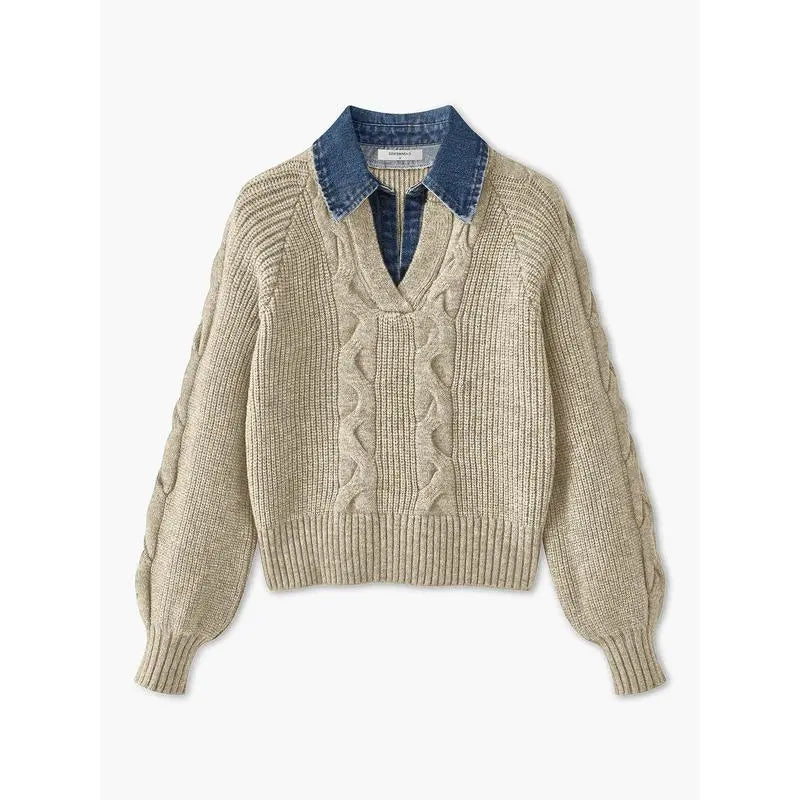 ❤️LAST DAY SALE ❤️Denim Panel Ribbed Lapel Sweater