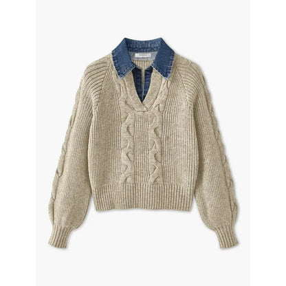 ❤️LAST DAY SALE ❤️Denim Panel Ribbed Lapel Sweater