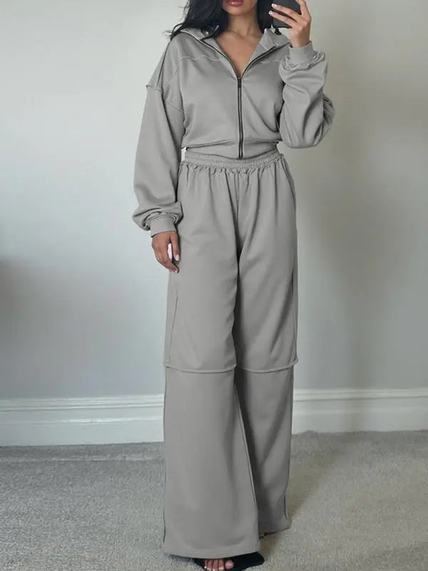 Women's Solid Zip Up Hooded Sweatshirt & Pocket Elastic Waist Pants Two-piece Set