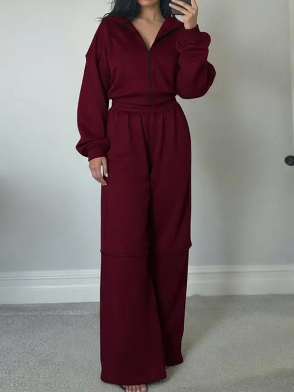 Women's Solid Zip Up Hooded Sweatshirt & Pocket Elastic Waist Pants Two-piece Set