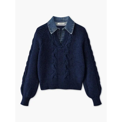 ❤️LAST DAY SALE ❤️Denim Panel Ribbed Lapel Sweater