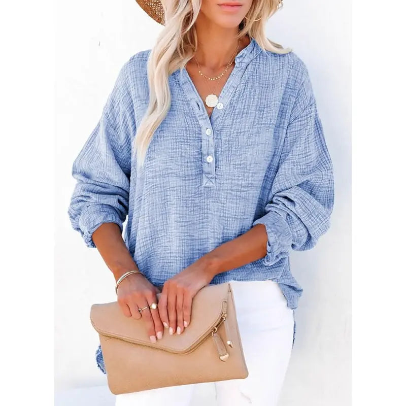 ❤️Womens Casual Button V Neck Long Sleeve Shirts Oversized Solid Blouses Tops