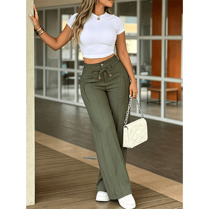 Women's High-Waisted Straight-Leg Pants with Front Seam Detail & Elastic Back Waistband – Comfortable, Versatile Trousers for Work & Everyday Wear