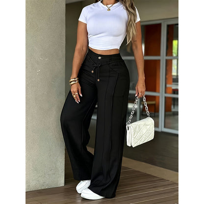 Women's High-Waisted Straight-Leg Pants with Front Seam Detail & Elastic Back Waistband – Comfortable, Versatile Trousers for Work & Everyday Wear