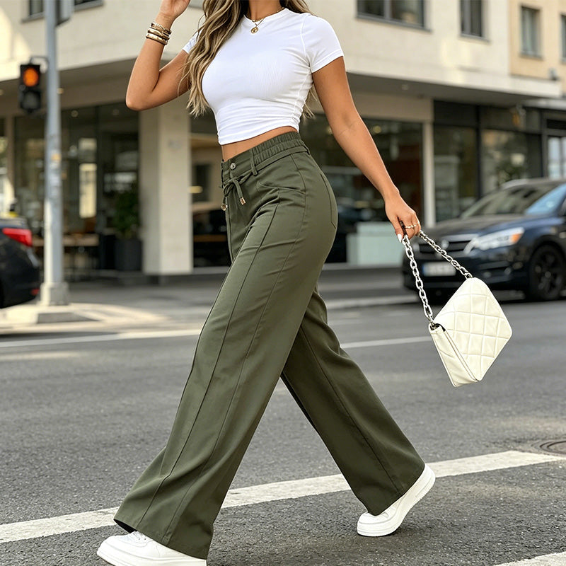 Women's High-Waisted Straight-Leg Pants with Front Seam Detail & Elastic Back Waistband – Comfortable, Versatile Trousers for Work & Everyday Wear