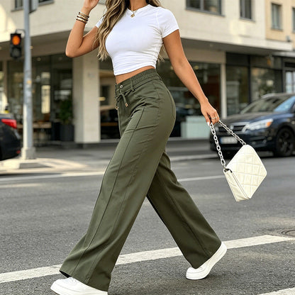 Women's High-Waisted Straight-Leg Pants with Front Seam Detail & Elastic Back Waistband – Comfortable, Versatile Trousers for Work & Everyday Wear