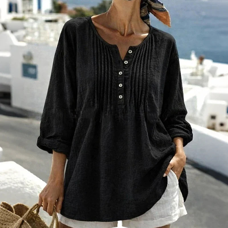 Women's Casual Pleated Henley Blouse – Long Sleeve Relaxed Fit Top